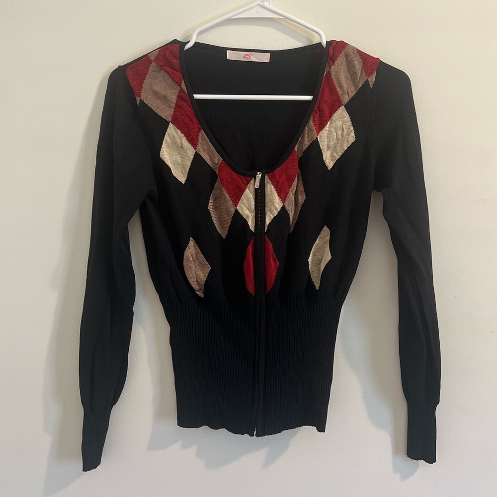 Black Argyle Zip-Up Cardigan